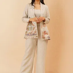 KALPRAAG Mirabella Printed Crop Pure Linen Top With Shawl Collar Jacket & Trousers-picture-41