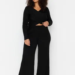 Trendyol Plus Size V-Neck Crop Top & Palazzo Acrylic Co-Ords image 2