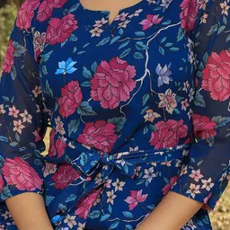 RANGREAL Floral Printed Notched Neck Tunic & Palazzos With Tie-Up Belt image 3