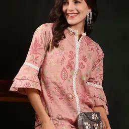 Claura Ethnic Motifs Printed Mandarin Collar Pure Cotton Top With Trousers image 5