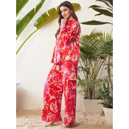 SASSAFRAS Red Floral Printed Oversize Shirt with Cargos image 5