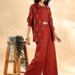 Anouk Rust Ethnic Motifs Printed Pure Cotton Crop Top With Palazzo And Jacket image 4