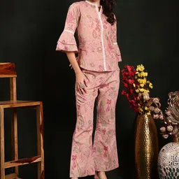 Claura Ethnic Motifs Printed Mandarin Collar Pure Cotton Top With Trousers image 3