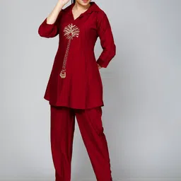 JC4U Embroidered Beads & Stones Shirt Collar A-Line Kurti With Trousers image 5
