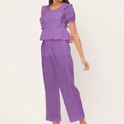 Moomaya Round-Neck Pure Cotton Ruffles & Flounces Top With Trouser image 3