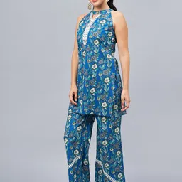 WineRed Printed Pure Cotton Tunic With Trousers image 5