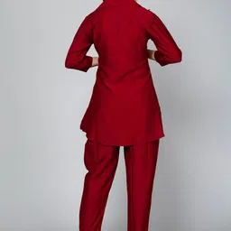 JC4U Embroidered Beads & Stones Shirt Collar A-Line Kurti With Trousers image 3