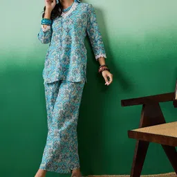 Sangria Floral Printed Pure Cotton Shirt Collar Tunic With Palazzo image 5