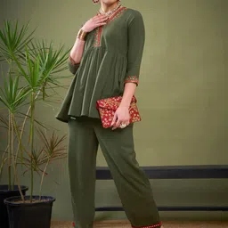 Shae by SASSAFRAS Olive Green Embroidered Peplum Top With Palazzos Co-Ords-picture-21