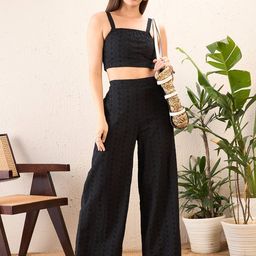 SASSAFRAS Black Self Design Shoulder Straps Schiffli Pure Cotton Crop Top With Trousers-picture-17