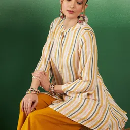 Sangria Striped Pure Cotton Mandarin Collar Tunic With Palazzos-picture-22