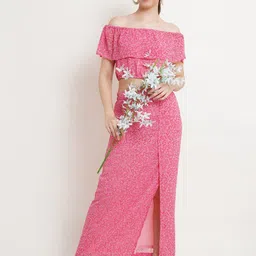 Popwings Women Floral Printed Crop Top With Skirt Co-Ords Set image 2