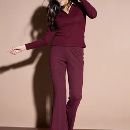 DressBerry Ribbed Shirt Collar Top With Trousers-image-86
