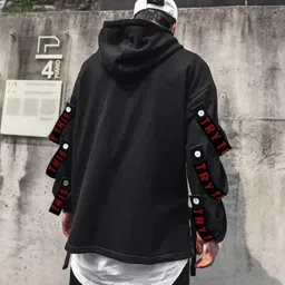 try this Men Colorblock Hooded Neck Cotton Blend Black T-Shirt image 2