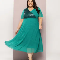 Qurvii+ Plus Size Flared Sleeve Georgette Fit & Flare Midi Dress With Sequined Detail-picture-37