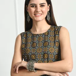 FERANOID Ethnic Motifs Printed Round Neck Cotton A-Line Kurta image 2