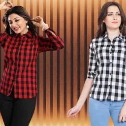 houseofcommon Women Regular Fit Checkered Button Down Collar Casual Shirt-picture-29