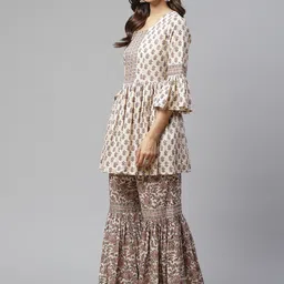 Divena Women Cream-Coloured Floral Printed Pure Cotton Kurti with Sharara image 4