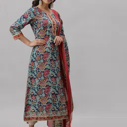 Get Glamr Women Blue Ethnic Motifs Printed Pure Cotton Kurta with Trousers & With Dupatta image 5
