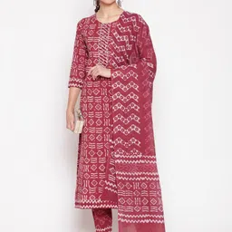 GLAM ROOTS Women Maroon Printed Gotta Patti Pure Cotton Kurta with Trousers & With Dupatta image 5