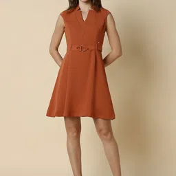 Allen Solly Woman Solid Shirt Collar Fit & Flare Dress-picture-26
