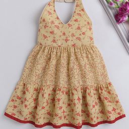The Magic Wand Girls Floral Printed Halter Neck Smocked Cotton Fit & Flare Dress-picture-15