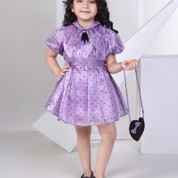 Peppermint Velveteen Heats Girls printed Tie-Up Neck Puff Sleeve Fit & Flare Dress-picture-11