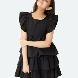 Olele Girls Lilli Layered Flutter Sleeves Linen Fit & Flare Dress-picture-11