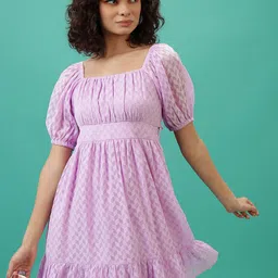 Tokyo Talkies Lavender Self Design Square Neck Tie Up Details Fit & Flare Dress-image-88