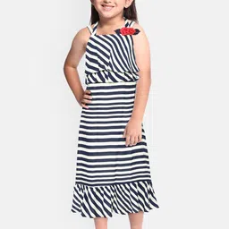 Peppermint Girls Navy Blue & Beige Striped Fit and Flare Dress-image-79