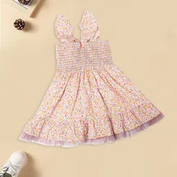 MeeMee Girls Floral Printed Shoulder Straps Smocked Cotton Fit & Flare Dress-image-71
