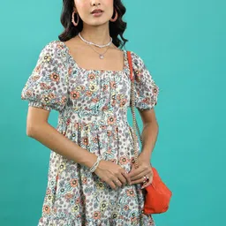 Tokyo Talkies Yellow Floral Printed Puff Sleeves Fit & Flare Dress With Back Tie Up-picture-29