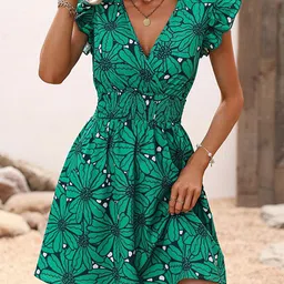 StyleCast x Revolte Green Floral Printed Flutter Sleeves Fit & Flare Dress-picture-38