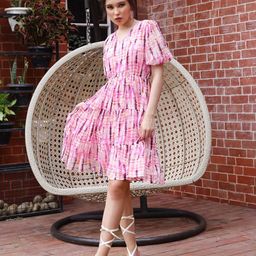 Sera Pink Tie & Dye Printed Tiered Puff Sleeves Fit & Flare Dress-picture-32