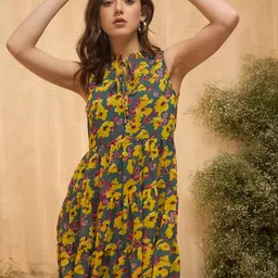 Marie Claire Floral Printed Tie-Up Neck Georgette Fit & Flare Dress-picture-19