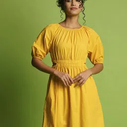 Globus Puff Sleeves Gathered Cut-Outs Waist Knee Length Fit & Flare Dress-image-24