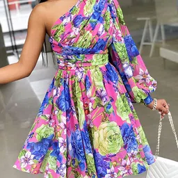 StyleCast x Revolte Blue & Pink Floral Printed One Shoulder Fit & Flare Dress-picture-40