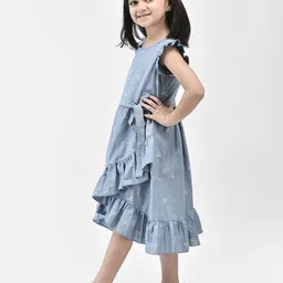 Eavan Girls Conversational Printed Flutter Sleeve Cotton Fit & Flare Dress image 4