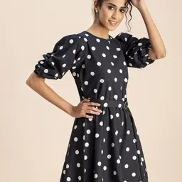 Moomaya Polka Dot Print Round Neck Puff Sleeve Fit & Flare Dress image 3