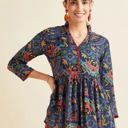PANIT Navy Blue & Red Ethnic Motifs Printed Kalamkari Empire Anarkali Pure Cotton Kurti-picture-15
