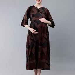 NIGHTSPREE Abstract Printed Keyhole Neck Flared Sleeve Maternity Fit & Flare Midi Dress-image-93