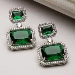 ZENEME Rhodium-Plated American Diamond Studded Square Shaped Drop Earrings image 1