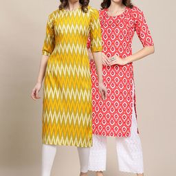 7threads KALINI Women Pack Of 2 Yellow & Coral Printed Crepe Straight Kurta-picture-42