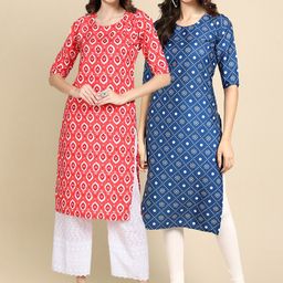 7threads KALINI Women's Crepe Red & Blue Color Ethnic Motif Printed Straight Kurta PACK OF 2-picture-1