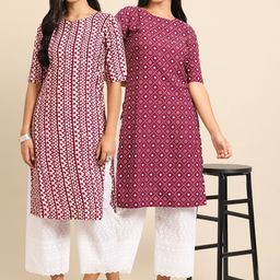 7threads KALINI Women Pack Of 2 Geometric Printed Thread Work Block Print Handloom Crepe Kurta-picture-28