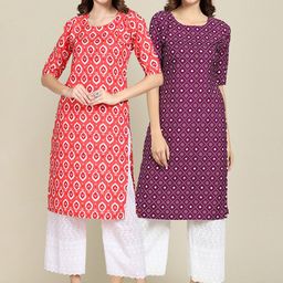 7threads KALINI Women Pack Of 2 Orange & Violet Geometric Printed Summer Sheers Crepe Kurta-picture-42