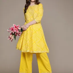 Anouk Women Yellow Printed Regular Gotta Patti Kurta with Skirt image 1