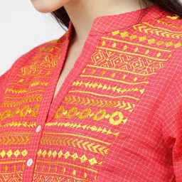 Vishudh Mustard Yellow & Pink Geometric Embroidered Gathered Pure Cotton A-Line Top image 2