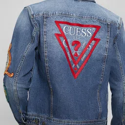 GUESS Men Spread Collar Washed Solid Cotton Casual Denim Jacket image 3