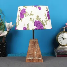 foziq Purple & White Shade Table Lamp With Brown Woodden Base image 2